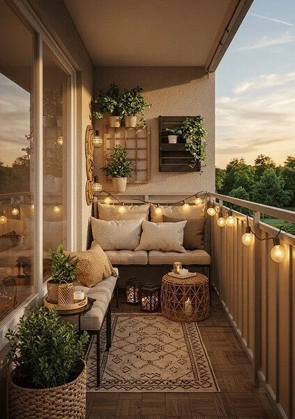 Cozy balcony with warm string lights, plants and a lounge bench at sunset