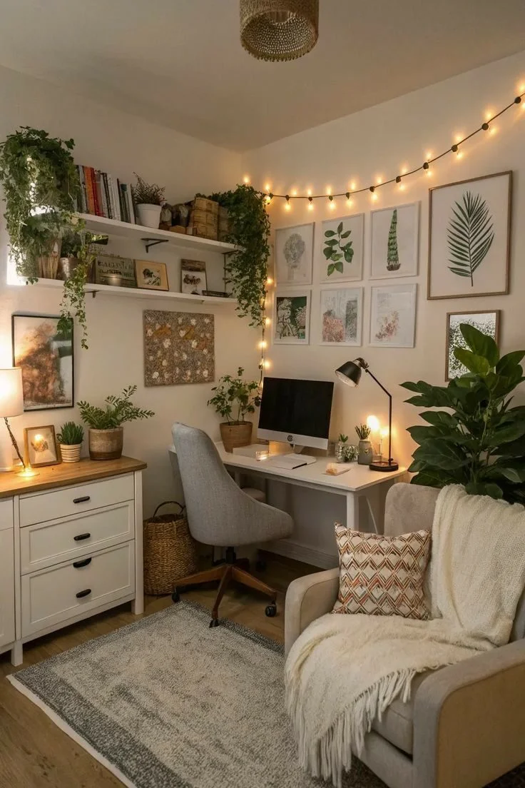 Cozy furnished home office corner with plants and warm lighting