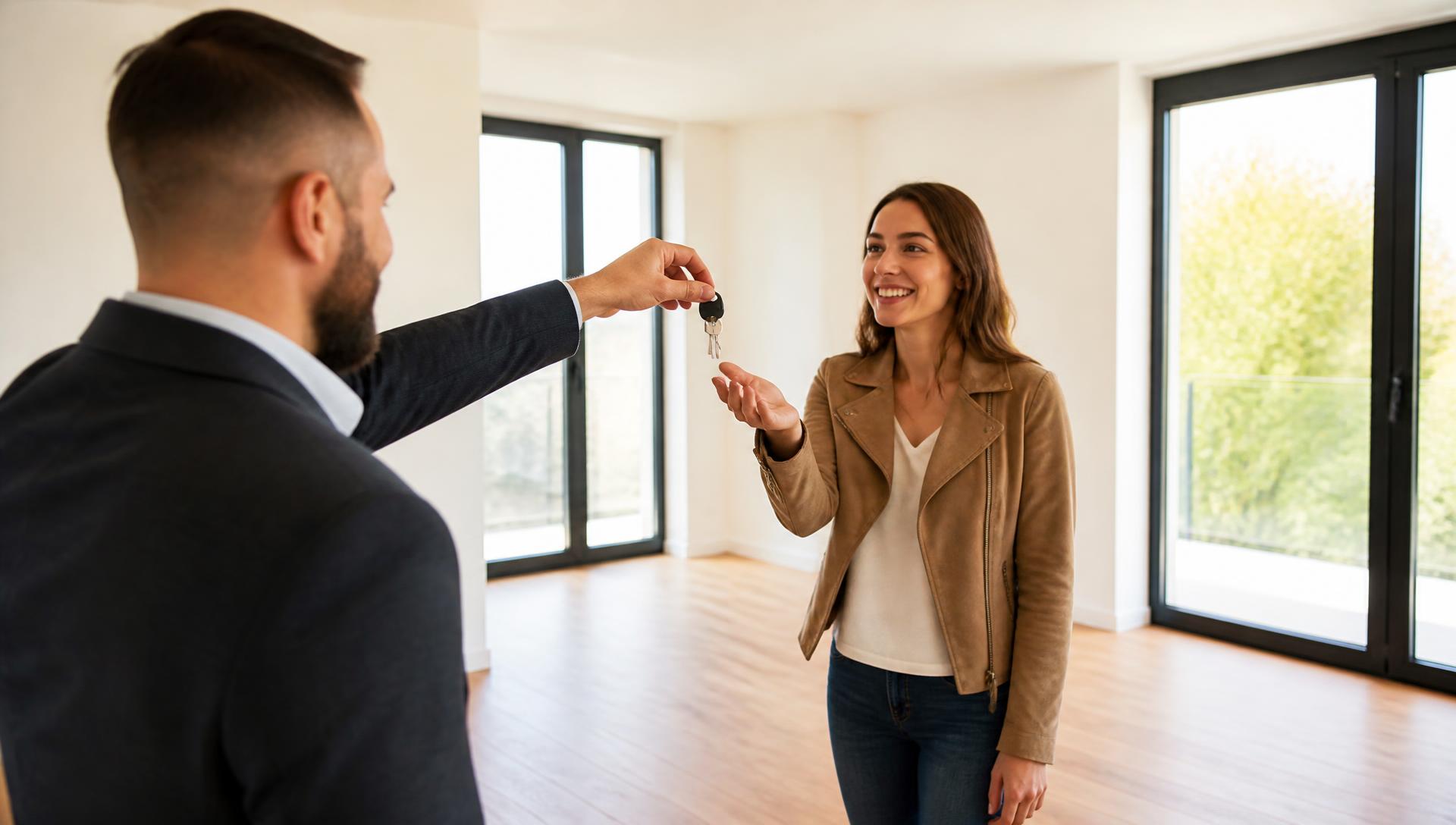 Landlord handing over the keys of a bright empty apartment to a new tenant