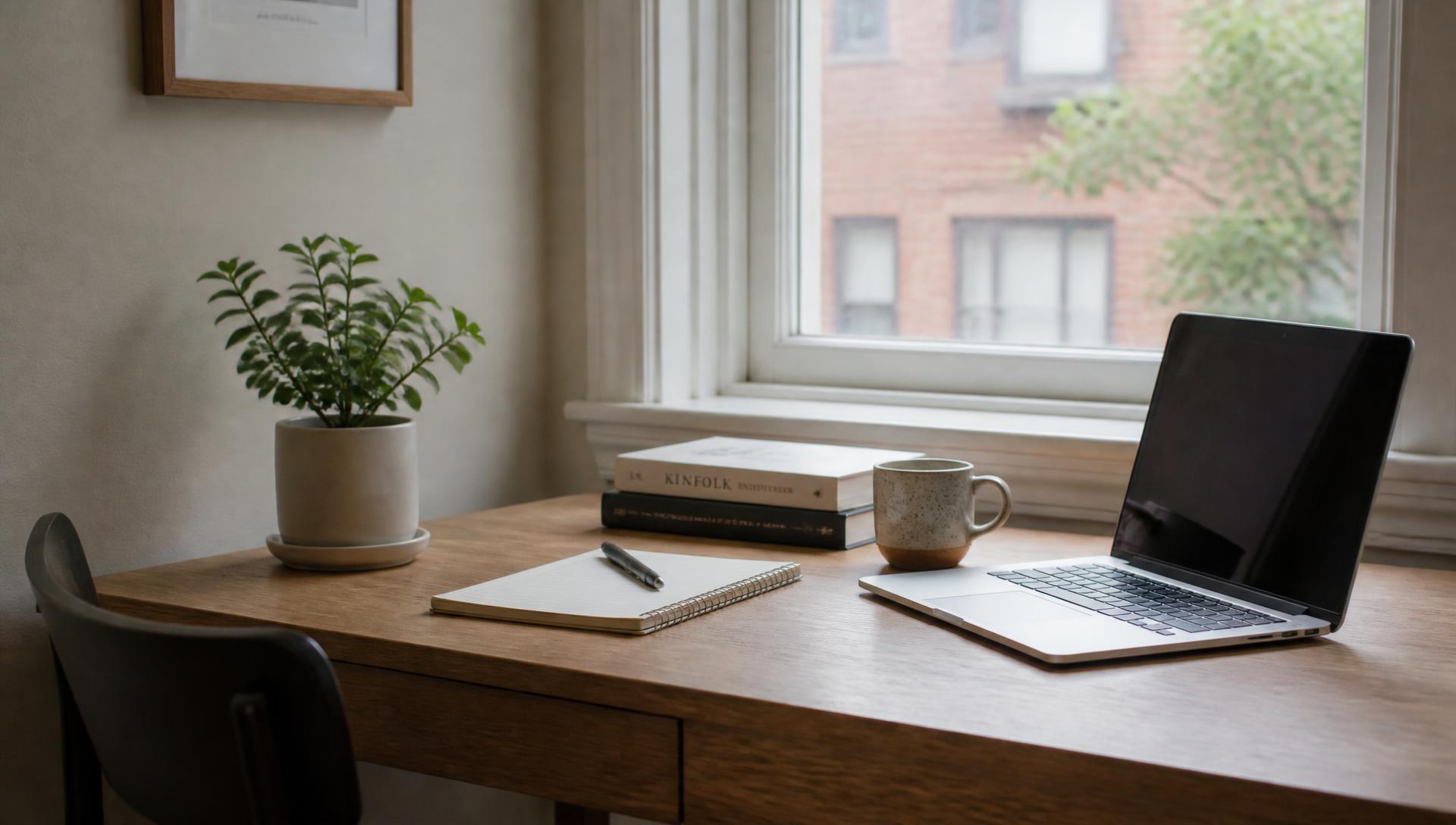 Quiet desk by the window with a notebook, laptop and a plant