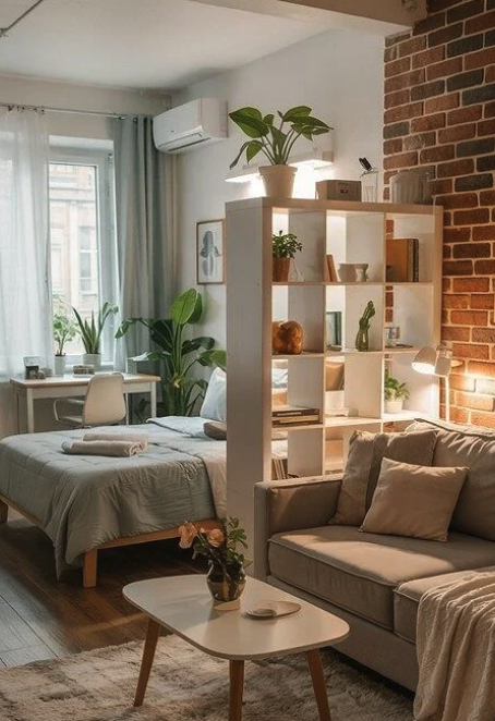 Bright studio apartment with a bed, sofa and shelving room divider