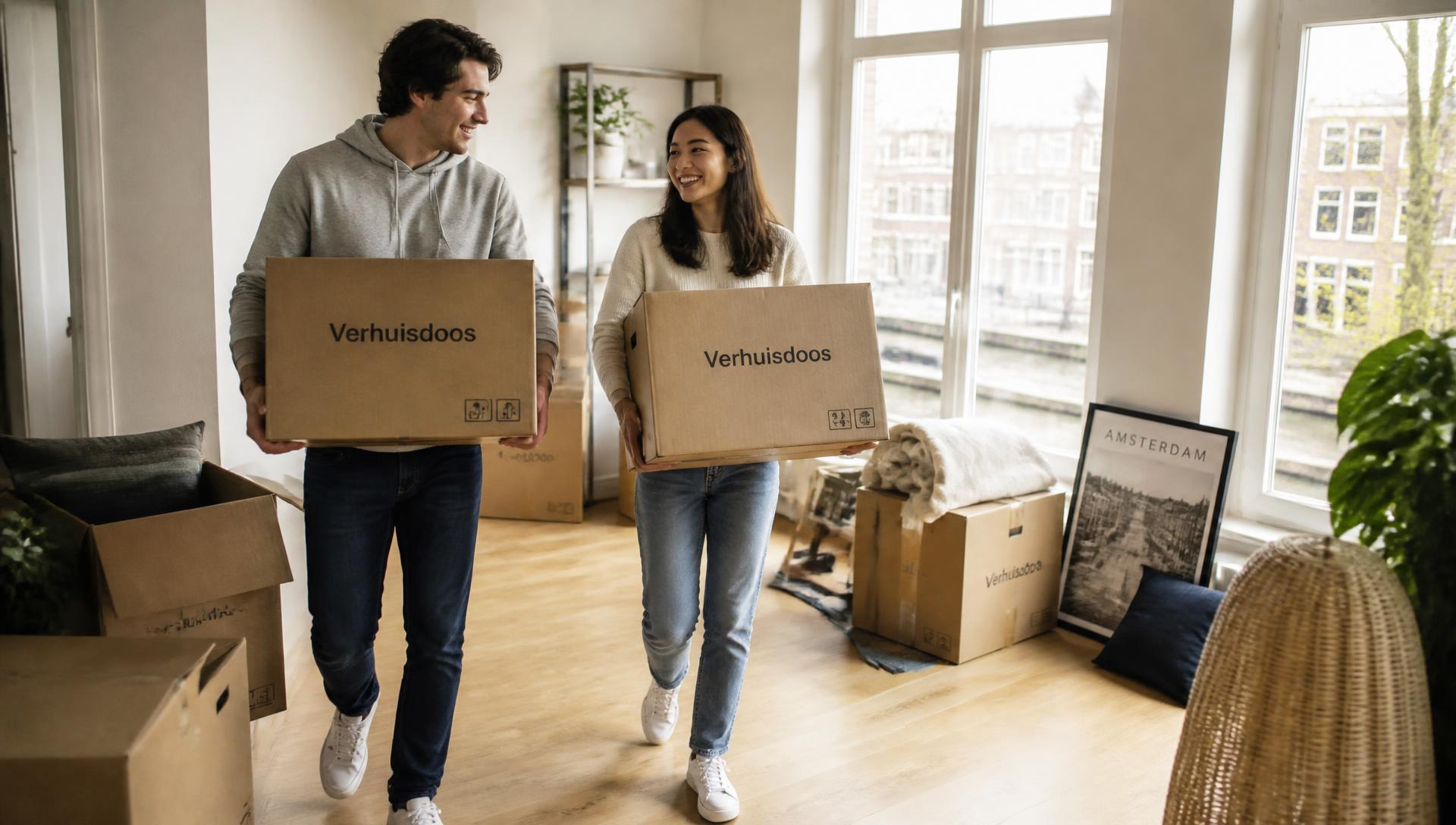 Two students carrying moving boxes into their bright new rental home